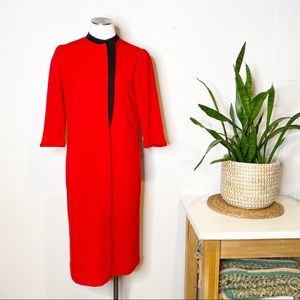 Vintage | Leslie‎ Fay  60's 70's Midi Length Red Rift Dress w/ Black Accent
